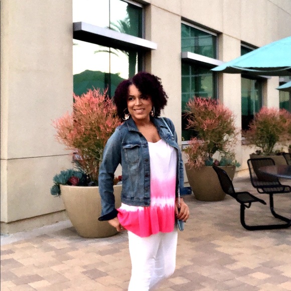 Hot pink & white Tie Dye Tunic Ruffle Hem tank top - Picture 3 of 8